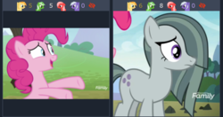 Size: 1231x652 | Tagged: safe, screencap, marble pie, pinkie pie, derpibooru, g4, the maud couple, cropped, juxtaposition, meta