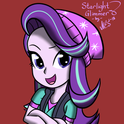 Size: 800x800 | Tagged: safe, artist:nesdoesart, starlight glimmer, equestria girls, equestria girls specials, g4, my little pony equestria girls: mirror magic, beanie, clothes, crossed arms, female, hat, looking at you, open mouth, red background, signature, simple background, smiling, solo, vest