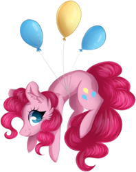 Size: 1564x1976 | Tagged: safe, artist:woonborg, pinkie pie, earth pony, pony, g4, balloon, cheek fluff, colored pupils, cute, diapinkes, ear fluff, female, floating, mare, simple background, smiling, solo, then watch her balloons lift her up to the sky, transparent background