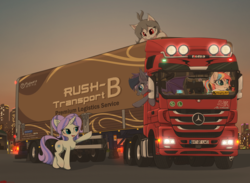 Size: 3320x2436 | Tagged: safe, artist:orang111, oc, oc only, oc:chicory, oc:lai chi, oc:violet rose, bat pony, pony, unicorn, acrylic painting, city, detailed, high res, lights, mercedes-benz, mercedes-benz actros, rush b, semi truck, trailer