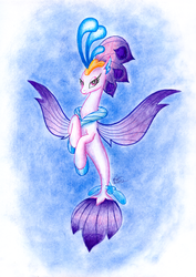 Size: 2440x3440 | Tagged: safe, artist:nightpaint12, queen novo, pony, seapony (g4), g4, my little pony: the movie, blue background, collar, colored pencil drawing, crown, dorsal fin, eyelashes, eyeshadow, female, fin, fin wings, fins, fish tail, glowing, gradient background, high res, jewelry, lidded eyes, looking at you, makeup, ocean, purple eyes, purple mane, purple tail, regalia, signature, simple background, smiling, smiling at you, solo, tail, traditional art, underwater, water, wings