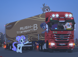 Size: 3320x2436 | Tagged: safe, alternate version, artist:orang111, edit, oc, oc only, oc:chicory, oc:lai chi, oc:violet rose, bat pony, pony, unicorn, acrylic painting, city, detailed, high res, lights, mercedes-benz, mercedes-benz actros, rush b, semi truck, trailer, truck