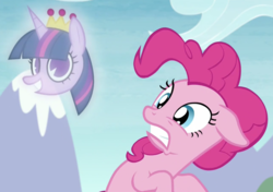 Size: 1926x1359 | Tagged: safe, screencap, pinkie pie, twilight sparkle, g4, the maud couple, crown, floating head, i never learned to read, jewelry, pac-man eyes, regalia