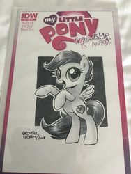 Size: 1536x2048 | Tagged: safe, artist:brenda hickey, scootaloo, pegasus, pony, g4, female, filly, grayscale, looking at you, marker drawing, monochrome, my little pony logo, traditional art