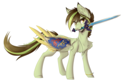 Size: 1390x940 | Tagged: safe, artist:monogy, oc, oc only, oc:akane, pegasus, pony, female, hylian shield, mare, master sword, mouth hold, simple background, solo, sword, the legend of zelda, transparent background, weapon