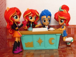 Size: 1520x1140 | Tagged: safe, artist:whatthehell!?, flash sentry, sunset shimmer, equestria girls, g4, boots, classroom, clothes, desk, doll, drink, equestria girls minis, eqventures of the minis, female, food, irl, jacket, male, multeity, pair, pants, photo, school, shimmerstorm, ship:flashimmer, shipping, shoes, straight, sunset sushi, sushi, toy, tuxedo