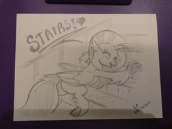 Size: 2080x1560 | Tagged: safe, artist:latecustomer, silverstream, classical hippogriff, hippogriff, g4, school daze, cute, diastreamies, female, solo, that hippogriff sure does love stairs, traditional art