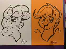 Size: 1440x1080 | Tagged: safe, artist:latecustomer, scootaloo, sweetie belle, pegasus, pony, unicorn, g4, female, filly, looking at you, traditional art