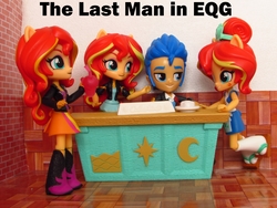 Size: 1140x855 | Tagged: safe, artist:whatthehell!?, flash sentry, sunset shimmer, equestria girls, g4, boots, classroom, clothes, desk, doll, equestria girls minis, eqventures of the minis, female, food, irl, jacket, male, multeity, pair, pants, photo, school, shimmerstorm, ship:flashimmer, shipping, shoes, straight, sunset sushi, sushi, toy, tuxedo