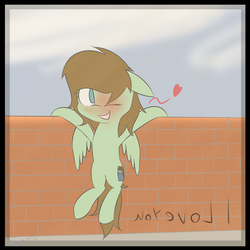 Size: 4000x4000 | Tagged: safe, artist:lofis, oc, oc only, oc:mint chocolate, pegasus, pony, blushing, brick wall, female, flirting, hanging, heart, looking at you, mare, message, one eye closed, signature, smiling, solo, text, window, wink