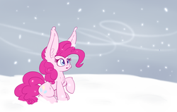 Size: 2200x1400 | Tagged: safe, artist:heir-of-rick, pinkie pie, earth pony, pony, g4, :o, chest fluff, cute, ear fluff, female, frown, impossibly large ears, leg fluff, looking up, mare, open mouth, raised hoof, sitting, snow, snowfall, solo