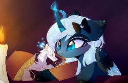 Size: 2677x1744 | Tagged: safe, artist:magnaluna, princess luna, oc, oc:zefiroth, alicorn, dragon, eastern dragon, pony, g4, blushing, bow, candle, cheek fluff, chopsticks, colored wings, colored wingtips, curved horn, cute, ear fluff, eating, eyeshadow, featured image, female, floppy ears, fluffy, food, hair bow, heart, heart eyes, horn, leg fluff, levitation, lunabetes, magic, magnaluna is trying to murder us, makeup, mare, noodles, raised eyebrow, runes, sharing food, sparkles, stars, telekinesis, wide eyes, wingding eyes