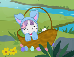 Size: 3507x2697 | Tagged: safe, artist:shutterflyeqd, sweetie belle, pony, unicorn, g4, ^^, animal costume, basket, bunny costume, clothes, costume, cute, diasweetes, easter, easter egg, eyes closed, female, high res, holiday, solo