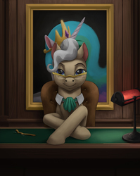 Size: 2787x3500 | Tagged: safe, artist:difetra, mayor mare, princess celestia, changeling, earth pony, pony, fanfic:changing aspirations, g4, commission, explicit source, fanfic, fanfic art, green eyes, high res, looking at you, sitting, smug