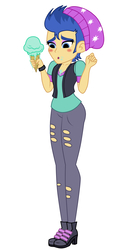 Size: 1000x1900 | Tagged: safe, artist:mashoart, flash sentry, equestria girls, g4, beanie, blushing, clothes, clothes swap, crossdressing, food, girly sentry, hat, high heels, ice cream, implied starlight glimmer, makeup, male, shoes, solo, twink