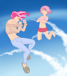 Size: 1400x1600 | Tagged: safe, artist:pikokko, oc, oc only, oc:cotton candy, oc:sugar rush, human, kilalaverse, barefoot, belly button, clothes, feet, female, flying, horn, horned humanization, humanized, humanized oc, midriff, offspring, parent:pinkie pie, parent:pokey pierce, parents:pokeypie, sisters, slippers, themed slippers