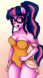 Size: 3145x5663 | Tagged: safe, artist:vetallie, sci-twi, twilight sparkle, human, equestria girls, g4, clothes, female, glasses, human female, legs together, one-piece swimsuit, ponied up, solo, swimsuit, wingless
