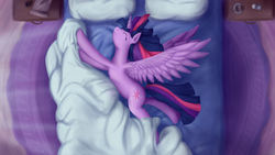 Size: 1920x1080 | Tagged: safe, artist:taggerung, twilight sparkle, alicorn, pony, g4, bed, bedsheets, crepuscular rays, eyes closed, female, mare, messy mane, morning, morning ponies, on side, overhead view, pillow, solo, stretching, twilight sparkle (alicorn), waking up