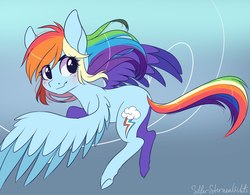 Size: 1480x1156 | Tagged: safe, artist:silbersternenlicht, rainbow dash, pegasus, pony, g4, blushing, cute, cutie mark, female, flying, gradient background, scrunchy face, solo, spread wings, wings
