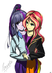 Size: 2480x3508 | Tagged: safe, artist:sreshtiyer, sci-twi, sunset shimmer, twilight sparkle, equestria girls, g4, clothes, conjoined, female, high res, lesbian, ponytail, ship:sci-twishimmer, ship:sunsetsparkle, shipping, signature, simple background, white background