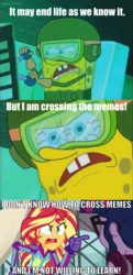 Size: 1333x2750 | Tagged: safe, screencap, sci-twi, sunset shimmer, twilight sparkle, equestria girls, g4, my little pony equestria girls: friendship games, angry, bloodshot eyes, crossing the memes, exploitable meme, image macro, male, meme, spongebob squarepants, spongebob squarepants (character), sunset is not willing to learn, sunset yells at twilight, the krusty plate