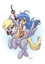 Size: 2076x2935 | Tagged: safe, artist:studlyhorn, derpy hooves, human, pegasus, pony, g4, ahoge, clothes, colored pupils, crossover, duo, female, flying, high res, humans riding ponies, integral, izumi konata, line integral, lucky star, mare, riding, school uniform, signature