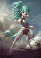 Size: 765x1080 | Tagged: safe, artist:assasinmonkey, oc, oc only, earth pony, semi-anthro, arm hooves, armor, bipedal, chest plate, clothes, digital painting, female, flowing mane, mare, midriff, shorts, signature, solo, underhoof