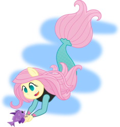 Size: 6279x6644 | Tagged: safe, artist:sugar-loop, part of a set, fluttershy, fish, mermaid, equestria girls, g4, my little pony: the movie, absurd resolution, chibi, female, fin wings, mermaid tail, mermaidized, open mouth, seaponified, seapony fluttershy, simple background, solo, species swap, transparent background