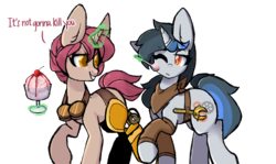 Size: 2000x1188 | Tagged: safe, artist:php172, oc, oc:berry jubilee, oc:rusty widgets, amputee, bandana, belt, cherry, dialogue, double amputee, female, food, glowing horn, goggles, grumpy, hooves up, horn, ice cream, leg warmers, magic, mare, one eye closed, prosthetic limb, prosthetics, simple background, smiling, speech, spoon, telekinesis, transparent background, trotting, unamused