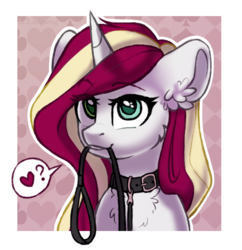 Size: 1005x1040 | Tagged: safe, artist:trickate, oc, oc only, oc:vanilla reddagger, pony, unicorn, bust, cheek fluff, chest fluff, collar, commission, ear fluff, female, heart, heterochromia, leash, looking at you, mare, pet play, portrait, solo