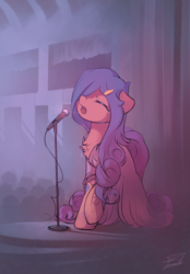 Size: 1600x2300 | Tagged: safe, artist:freeedon, oc, oc only, oc:cyril hook, earth pony, pony, fallout equestria, fallout equestria: fated, chest fluff, clothes, crying, dress, eyes closed, female, floppy ears, mare, microphone, singing, solo