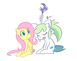Size: 1797x1420 | Tagged: safe, artist:rvceric, fluttershy, oc, oc:emerald green, bird, earth pony, pegasus, pony, g4, female, mare, simple background, sleeping, white background, zzz