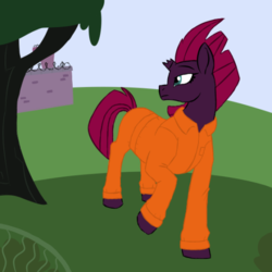 Size: 540x540 | Tagged: safe, artist:tempestcord, tempest shadow, pony, g4, my little pony: the movie, clothes, female, grass, prison, prison outfit, prisoner, solo