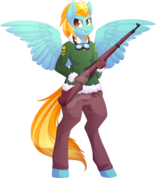 Size: 1024x1164 | Tagged: safe, artist:scarlet-spectrum, lightning dust, pegasus, anthro, unguligrade anthro, g4, clothes, coat, commission, female, goggles, gun, mare, pants, simple background, smiling, solo, transparent background, watermark, weapon