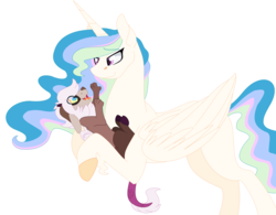 Size: 3864x3008 | Tagged: safe, artist:maiachlte, princess celestia, oc, oc:mirage, draconequus, hybrid, g4, baby, draconequus oc, female, high res, interspecies offspring, male, missing cutie mark, momlestia, mother and son, offspring, parent:discord, parent:princess celestia, parents:dislestia, simple background, white background