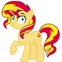 Size: 5000x5000 | Tagged: safe, artist:sunshi, sunset shimmer, pony, unicorn, equestria girls specials, g4, my little pony equestria girls: mirror magic, absurd resolution, cute, female, mare, raised hoof, simple background, smiling, solo, transparent background