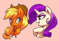 Size: 949x666 | Tagged: safe, artist:sorcerushorserus, applejack, rarity, earth pony, pony, unicorn, g4, applejack's hat, bolo tie, cowboy hat, duo, female, hat, mare, pink background, simple background