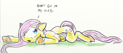 Size: 600x260 | Tagged: safe, artist:capt_hairball, fluttershy, pegasus, pony, .mov, apple.mov, shed.mov, g4, adoracreepy, creepy, cute, depression, dialogue, fluttershed, folded wings, hair over one eye, prone, serial killer, simple background, stay out of my shed