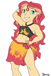 Size: 481x711 | Tagged: safe, artist:php93, sunset shimmer, equestria girls, equestria girls specials, g4, my little pony equestria girls: better together, my little pony equestria girls: forgotten friendship, armpits, belly button, clothes, freckles, muscles, peppered bacon, sarong, swimsuit