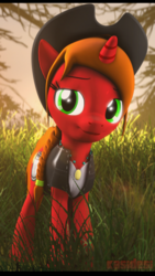 Size: 1080x1920 | Tagged: safe, artist:alcohors, oc, oc only, oc:essy ferguson, pony, unicorn, 3d, clothes, cowboy hat, digital art, female, hat, mare, scenery, signature, smiling, solo, source filmmaker, stetson