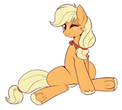 Size: 800x719 | Tagged: safe, artist:lulubell, applejack, earth pony, pony, g4, bandana, female, mare, one eye closed, simple background, sitting, smiling, solo, transparent background, underhoof, wink