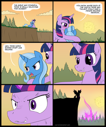 Size: 1600x1920 | Tagged: safe, artist:zoarvek, princess celestia, trixie, twilight sparkle, alicorn, pony, unicorn, g4, abuse, cliff, comic, dark comedy, dialogue, female, lesbian, meme, parody, ship:twixie, shipping, speech bubble, sun, trixiebuse, twilight sparkle (alicorn)