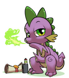 Size: 996x1128 | Tagged: safe, artist:gsphere, spike, dragon, g4, fire, fire breath, looking at you, male, peace sign, scroll, simple background, solo, vape, vape nation, white background