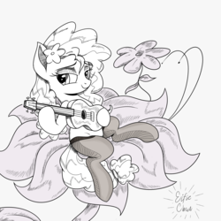 Size: 3000x3000 | Tagged: safe, artist:katakiuchi4u, pear butter, earth pony, pony, g4, acoustic guitar, clothes, female, flower, flower in hair, guitar, high res, mare, monochrome, musical instrument, simple background, sketch, solo, stockings, thigh highs, white background