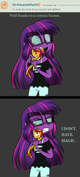 Size: 500x1100 | Tagged: dead source, safe, artist:wubcakeva, sunset shimmer, twilight sparkle, pony, equestria girls, g4, angry, causal midnight sparkle, clothes, deviantart, dialogue, female, glasses, midnight sparkle, open mouth, plushie, shirt, smiling