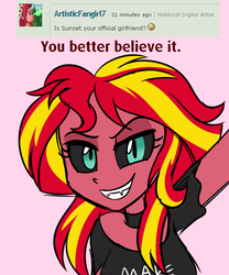 Size: 500x600 | Tagged: dead source, safe, artist:wubcakeva, sunset shimmer, comic:ask casual midnight and demon shimmer, equestria girls, g4, clothes, comic, deviantart, evil grin, fangs, female, grin, implied lesbian, implied scitwishimmer, implied shipping, looking at you, midnightsatan, sharp teeth, shirt, smiling, solo, sunset satan, teeth