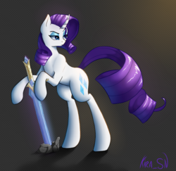 Size: 2061x2000 | Tagged: safe, artist:kirasunnight, rarity, pony, unicorn, g4, bipedal, bipedal leaning, female, high res, leaning, mare, solo, sword, sword in the stone, weapon