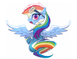 Size: 1024x788 | Tagged: dead source, safe, artist:9seconds, rainbow dash, pegasus, pony, g4, clothes, female, goggles, implied tail hole, looking at you, looking back, looking back at you, mare, multicolored hair, rear view, simple background, smiling, solo, uniform, white background, wonderbolts uniform