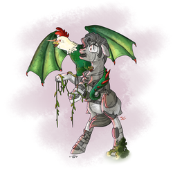Size: 2000x2000 | Tagged: safe, artist:sourcherry, oc, unnamed oc, cockatrice, pony, fallout equestria, armor, clothes, eye laser, high res, male, mutant manual, perching, petrification, plants, rearing, sideburns, spread wings, stallion, statue, vine, wings