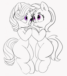 Size: 1280x1449 | Tagged: safe, artist:pabbley, starlight glimmer, trixie, pony, unicorn, g4, 30 minute art challenge, crossed horns, cute, diatrixes, female, glimmerbetes, horn, horns are touching, lesbian, mare, monochrome, ship:startrix, shipping, simple background, smiling, tongue out